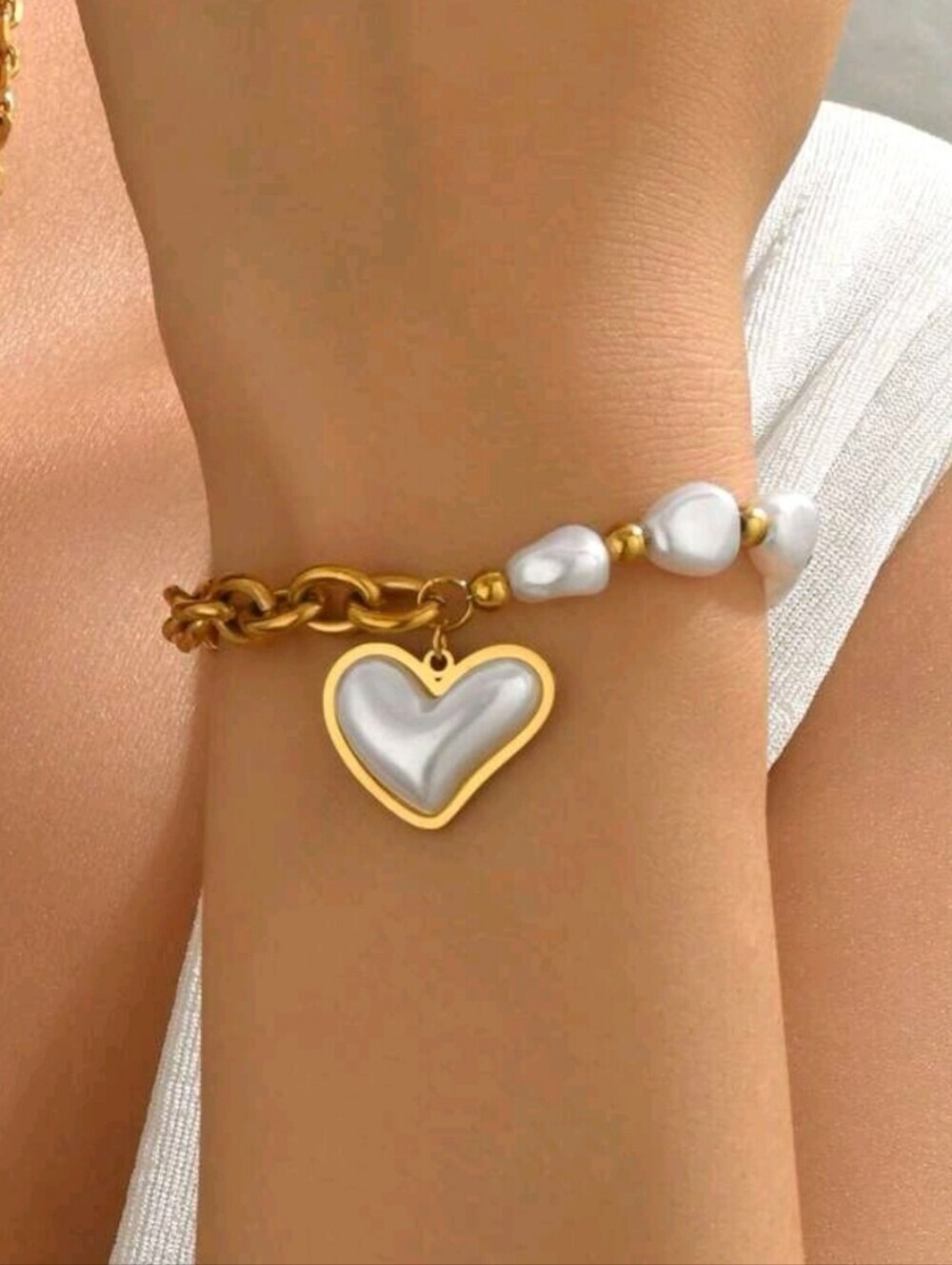 Gold Stainless Steel Pearl Heart Charm Bracelet - Elegant Women's Jewelry